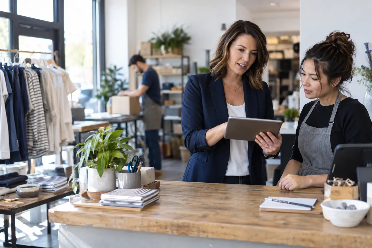 Small-business owner reviewing work with her team